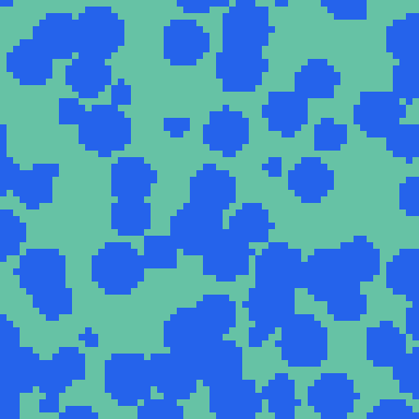 Square cross section through a 64 by 64 by 64 sphere packing at z = 32. Blue rounded blobs of solid filler are scattered across a mint green pore background, many of them touching or overlapping.