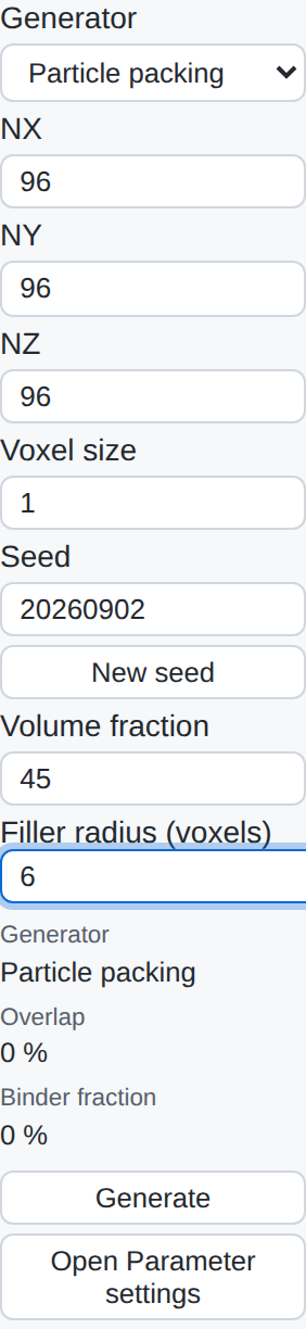 The Generate side panel with generator set to Particle packing, a 96 by 96 by 96 grid, voxel size 1, seed 20260902, volume fraction 45, and filler radius 6.